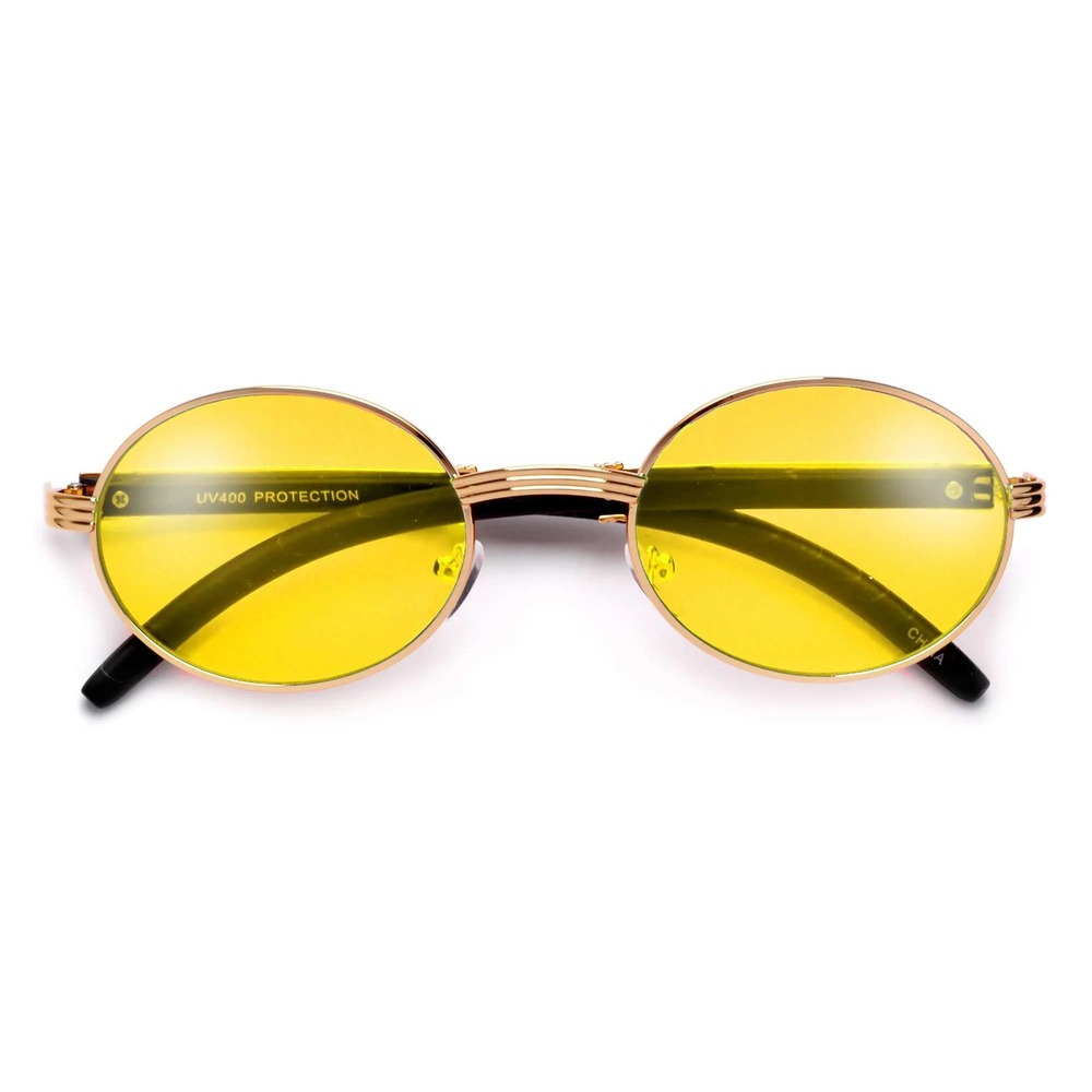 Oval Sunglasses Gold Frame Yellow Lens UV400 Protection Men Classic Hip Hop New
